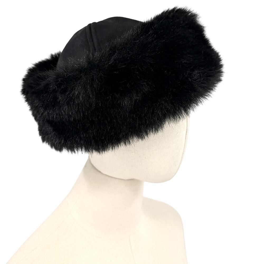Vintage Y2K Vintage Valley Black Faux Suede Plush Fur Trim Cossack Hat
